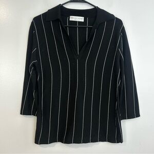 Fabiana Flippi Black and White Striped Knit V-neck Collared Top 14/Large FLAW
